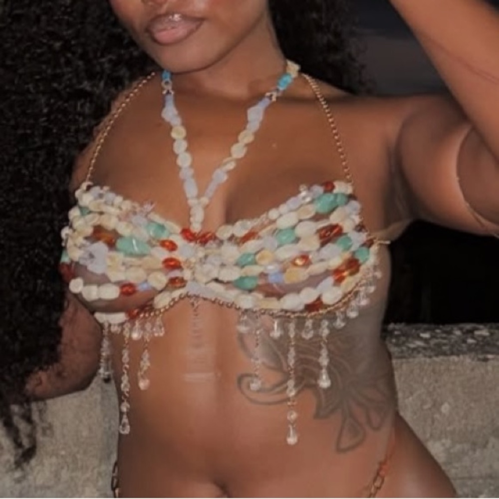 EGO Beaded Shell and Crystal Festival Bra in White, Turquoise, Amber